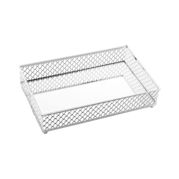 Bandeja de Metal com Espelho Barcelona Prateada 21 cm x 13 cm x 5 cm- Lyor