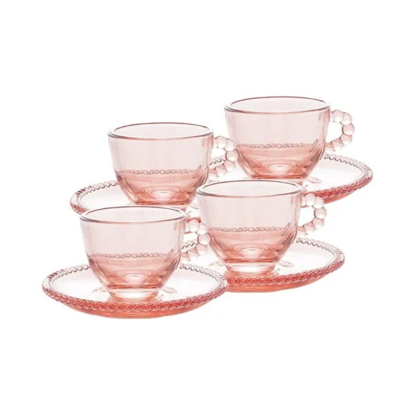 Conjunto 4 Xícaras Café Cristal com Pires Pearl Rosa 80ml