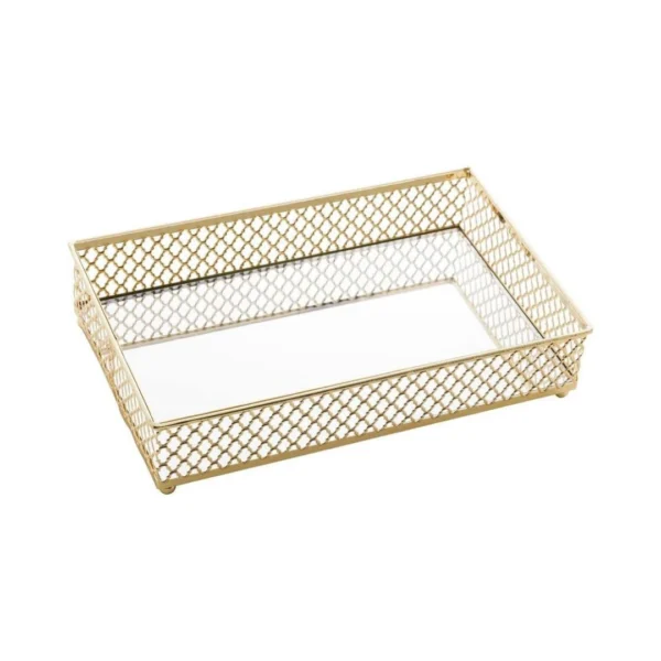 Bandeja de Metal com Espelho Barcelona Dourada 21 cm x 13 cm x 5 cm- Lyor